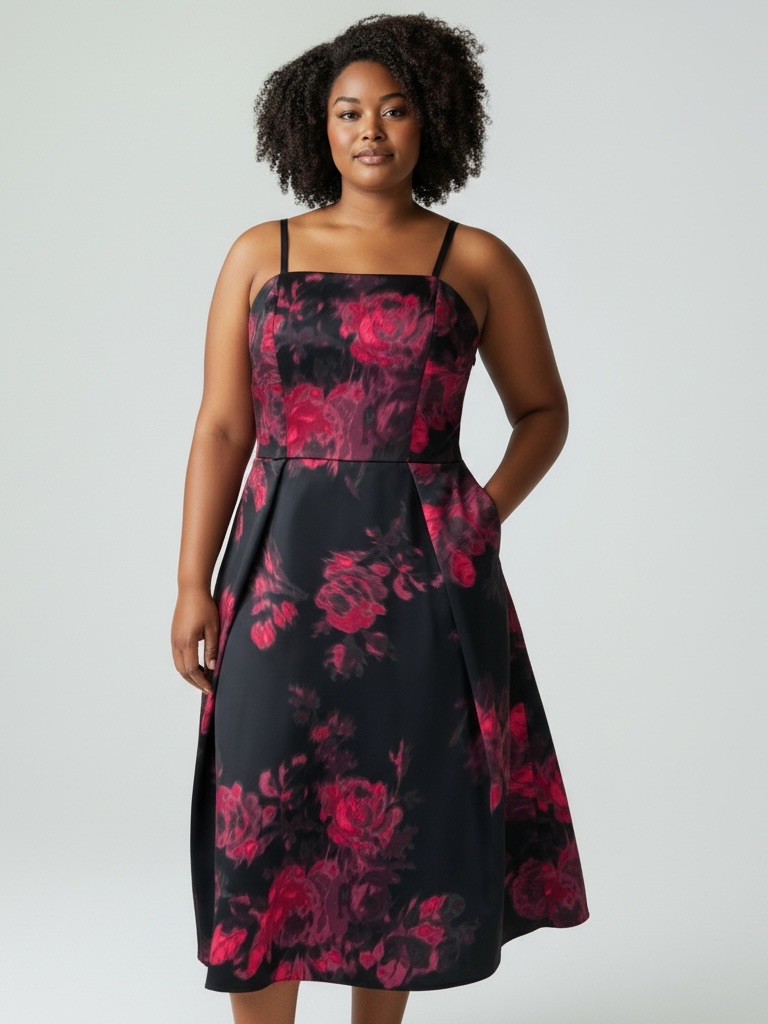 Lord & Taylor Black Fit & Flare Midi Dress With Red Floral Print